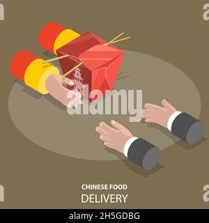 Chinese food fast delivery flat isometric low poly vector concept. Stock Vector