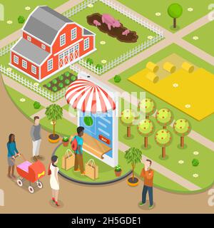 Organic food online order flat isometric low poly vector concept. Stock Vector