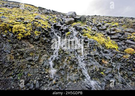 Laufskalar Cairn (Laufskalavaroa), Myrdalssandur Plain, Iceland.Moss-covered lava field Laufskálavarða, at back volcano Katla, Kirkjubæjarklaustur, Su Stock Photo