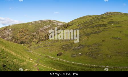A multi image panorama taken whilst descending from the peak of Thorpe Cloud at Dovedale. Stock Photo