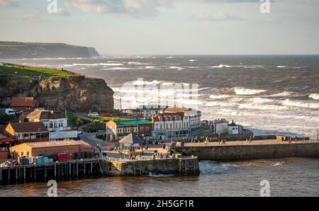 A view over Whitby Harbour and the North Sea behind captured from the top of the 199 steps Stock Photo