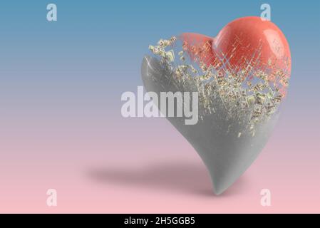 Love money. The heart symbol is divided into two parts. The empty heart is filled with dollar bills from the inside. Love for money concept Stock Photo