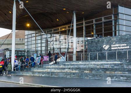 CARDIFF, WALES - NOVEMBER 09 2021: Protesters gather on the steps of the Welsh Parliament in Cardiff to demonstrate against vaccine passports Stock Photo