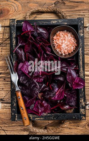 Fresh raw Swiss Ruby or red chard salad Leafs in a wooden tray. wooden background. Top view Stock Photo