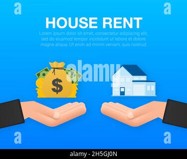 Hand holds house and key on finger and giving. Real estate agent at work, investment, mortgage, house loan, account. Stock Vector