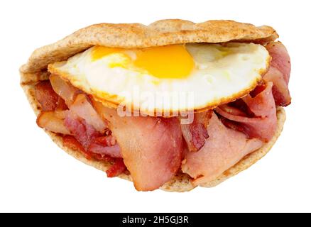 Fried egg and bacon flatbread sandwich isolated on a white background Stock Photo