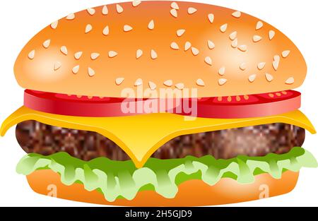 Hamburger with cheese and tomato, vector illustration Stock Vector