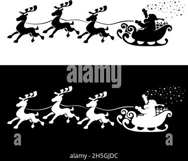 Santa Claus Silhouette in sleigh full of gifts with reindeers.  Merry christmas and Happy new year decoration. Vectop on transparent and dark backgrou Stock Vector