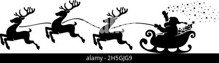 Santa Claus Silhouette in sleigh full of gifts with reindeers. Merry christmas and Happy new year decoration. Vector on transparent background Stock Vector