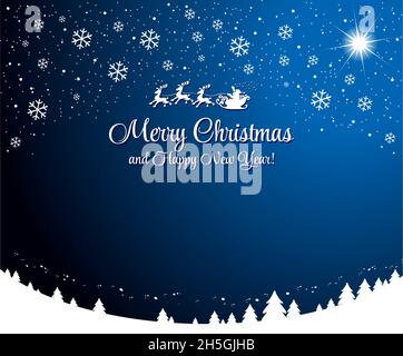 Dark blue starry sky with Christmas star and snowflakes over snowy Christmas trees and Santa Claus flying in a sleigh pulled by reindeer. Vector Stock Vector