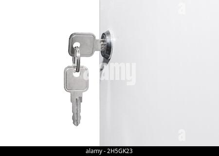 Metal key in the socket connector of the electrical box. Safety and technologies of electrical equipment. Stock Photo