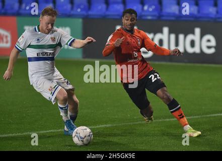 BIRKENHEAD, UK. NOV 9TH Oldham Athletic's Raphaël Diarra tussles with Mark Duffy during the EFL Trophy match between Tranmere Rovers and Oldham Athletic at Prenton Park, Birkenhead on Tuesday 9th November 2021. (Credit: Eddie Garvey | MI News) Credit: MI News & Sport /Alamy Live News Stock Photo