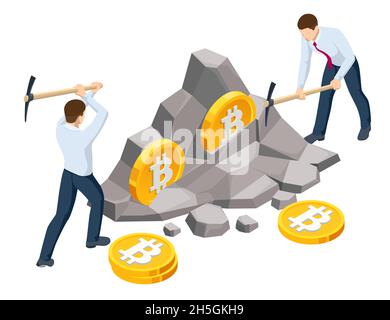 Isometric miner is digging on golden bitcoin. Devices and technology for mining cryptocurrency. Machines for mining cryptocurrency. Stock Vector