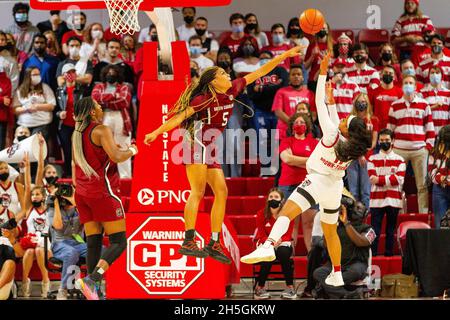 Raleigh, NC, USA. 9th Nov, 2021. South Carolina Gamecocks forward Victaria Saxton (5) defends the shot from NC State Wolfpack forward Jakia Brown-Turner (11) in the first period of the NCAA Womens Basketball matchup at Reynolds Coliseum in Raleigh, NC. (Scott Kinser/Cal Sport Media). Credit: csm/Alamy Live News Stock Photo