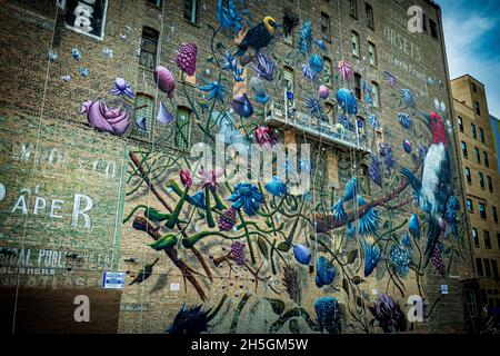 A beautiful birds and flowers mural painted on the brick wall of a house at downtown Chicago, IL, USA Stock Photo