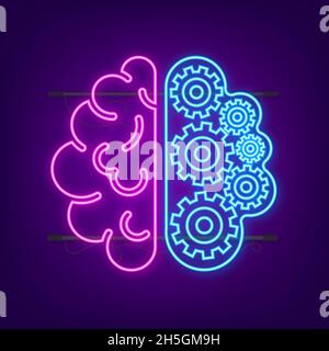 Brain. Digital brain in hand. Neural network. IQ testing. Brainstorm think idea neon sign. Vector stock illustration. Stock Vector