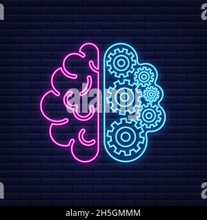 Brain. Digital brain in hand. Neural network. IQ testing. Brainstorm think idea neon sign. Vector stock illustration. Stock Vector