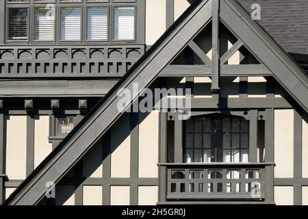 Closeup of the wooden facade of  a Tudor style house Stock Photo
