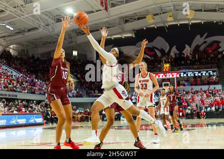 Raleigh, NC, USA. 9th Nov, 2021. South Carolina Gamecocks forward Victaria Saxton (5) defends the drive from NC State Wolfpack forward Jakia Brown-Turner (11) in the second half in the NCAA Womens Basketball matchup at Reynolds Coliseum in Raleigh, NC. (Scott Kinser/Cal Sport Media). Credit: csm/Alamy Live News Stock Photo