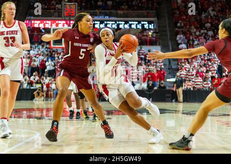 Raleigh, NC, USA. 9th Nov, 2021. South Carolina Gamecocks forward Victaria Saxton (5) defends the drive from NC State Wolfpack forward Jakia Brown-Turner (11) in the second half in the NCAA Womens Basketball matchup at Reynolds Coliseum in Raleigh, NC. (Scott Kinser/Cal Sport Media). Credit: csm/Alamy Live News Stock Photo