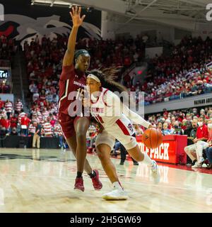 Raleigh, NC, USA. 9th Nov, 2021. South Carolina Gamecocks forward Laeticia Amihere (15) defends the drive from NC State Wolfpack forward Jakia Brown-Turner (11) in the second half of the NCAA Womens Basketball matchup at Reynolds Coliseum in Raleigh, NC. (Scott Kinser/Cal Sport Media). Credit: csm/Alamy Live News Stock Photo