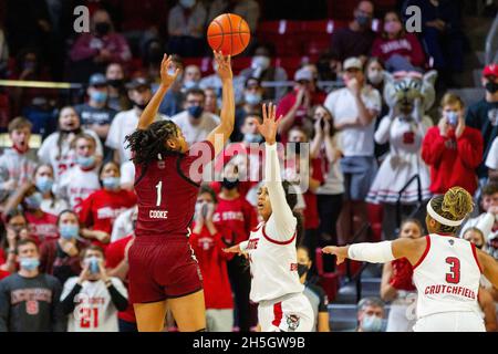 Raleigh, NC, USA. 9th Nov, 2021. South Carolina Gamecocks guard Zia Cooke (1) shoots over NC State Wolfpack forward Jakia Brown-Turner (11) in the second half of the NCAA Womens Basketball matchup at Reynolds Coliseum in Raleigh, NC. (Scott Kinser/Cal Sport Media). Credit: csm/Alamy Live News Stock Photo