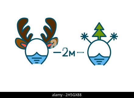 Christmas party social distancing warning poster with fun headbands. Measures to stop covid pandemic spread. Pixel perfect, editable stroke icons Stock Vector