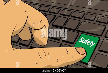 Safety word on computer keyboard. Man push keypad on laptop. Comic book style concept. Stock Vector
