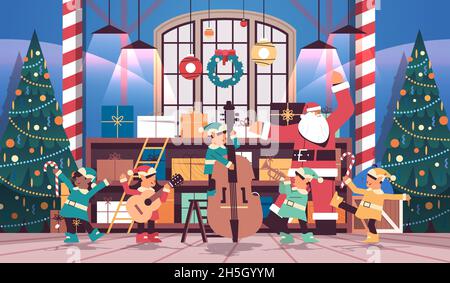 elves with musical instruments santa helpers team playing guitar and trumpet happy new year christmas holidays celebration Stock Vector