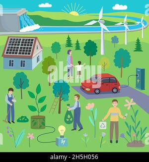 Clean eco energy conceptual vector illustration. Colorful cartoon hand drawn graphic about alternative energy technologies Stock Vector