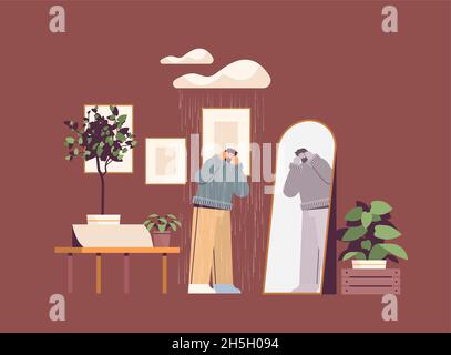 unhappy depressed man under rain cloud looking at mirror guy feeling desperate mental health diseases depression stress Stock Vector