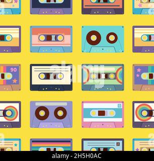Seamless pattern with colorful cassette tapes. Retro trendy background for design and accessories. Stock Vector