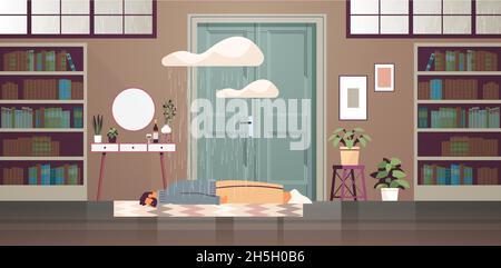 unhappy depressed man lying on floor under rain cloud guy feeling desperate and lonely mental health diseases depression Stock Vector