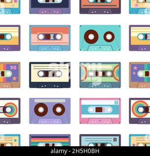 Seamless pattern with colorful cassette tapes. Retro trendy background for design and accessories. Stock Vector