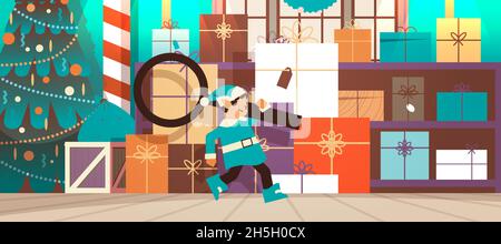 elf holding magnifying glass santa helper preparing for new year and christmas holidays celebration full length Stock Vector