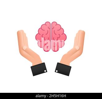 Psychology, emotion and psychotherapy concept. Human hand hold human brain. Vector stock illustration. Stock Vector