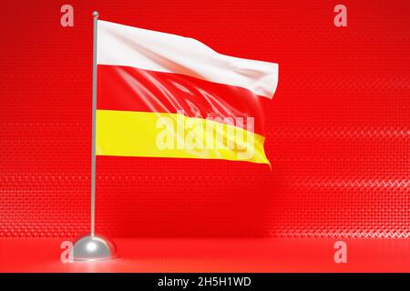 3D illustration of the national flag of Ossetia on a metal flagpole fluttering .Country symbol. Stock Photo