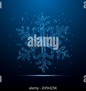 Geometric shape futuristic polygonal vector of Snowflake in the form of a starry sky space. Consisting of points, light, lines, and low poly shapes in Stock Vector