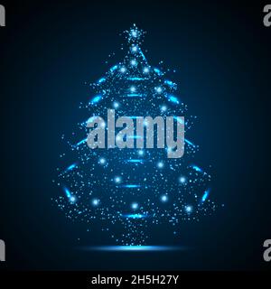Geometric shape futuristic polygonal vector of Christmas Tree in the form of a starry sky space. Consisting of points, light, lines, and low poly shap Stock Vector