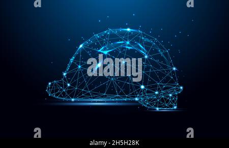 Geometric shape futuristic polygonal vector of Construction Helmet in the form of a starry sky space. Consisting of points, light, lines, and low poly Stock Vector