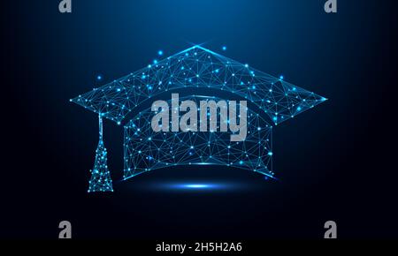 Geometric shape futuristic polygonal vector of Graduation Cap in the form of a starry sky space. Consisting of points, light, lines, and low poly shap Stock Vector