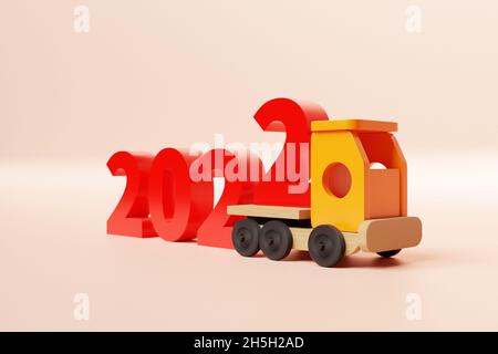 Red lettering 2021 on the toy children's truck to celebrate the new year. Funny car with numbers 2022.3D rendering. Stock Photo