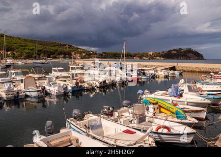 Cavo, Island of Elba Province of Livorno Italy - 20 September 2021 Port of Cavo with dramatic sky before thunderstorm Stock Photo