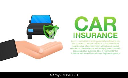 Car insurance contract document over hands. Shield icon. Protection. Vector stock illustration Stock Vector