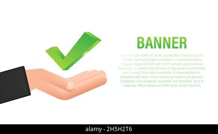 Check mark hanging over hands. Green approved star sticker on white background. Vector stock illustration Stock Vector