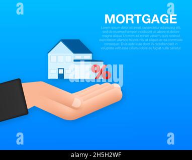 Hand holds house and key on finger and giving. Real estate agent at work, investment, mortgage, house loan, account. Stock Vector