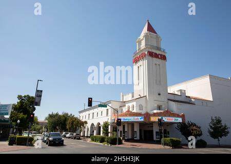 Merced, California, USA - July 15, 2021: Sunlight shines on the historic Merced Theater. Stock Photo