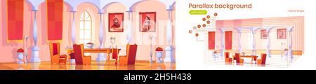 Parallax background dining room interior in royal castle with feast table, candles and king or queen portraits separated layers. Banquet hall in medieval palace game 2d animation, Vector illustration Stock Vector