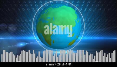 A pulsating Earth in the middle with binary codes on top, and bars visualisation at the bottom Stock Photo