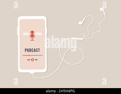 Podcast app on mobile phone. Listening to music and audio broadcast. Logo and user interface for webinar, tutorial podcast, online courses. Vector Stock Vector